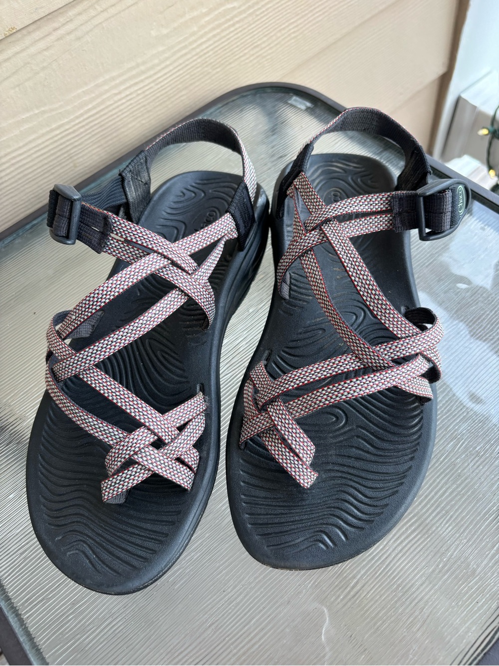 Chaco Women's Black Footbed Sandals with Taupe-Patterned Straps - Picture 3 of 7